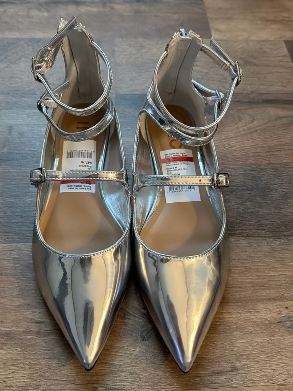 INC International Concepts Silver Pointed Mary Jane Flats with Ankle Straps